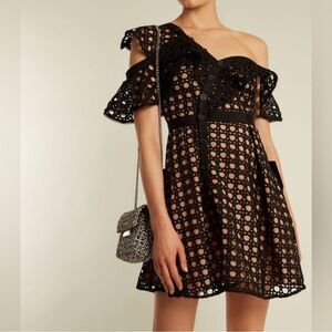 Self-Portrait Guipure Lace Frill Mini Dress Black Size 2